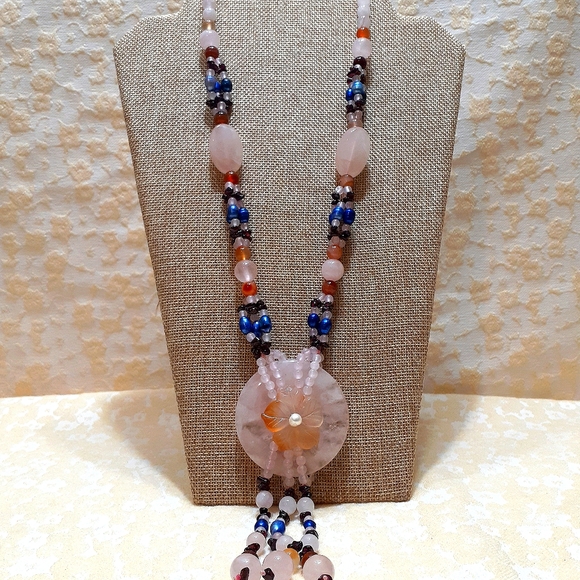 Multi semi-precious gemstone and pearl necklace